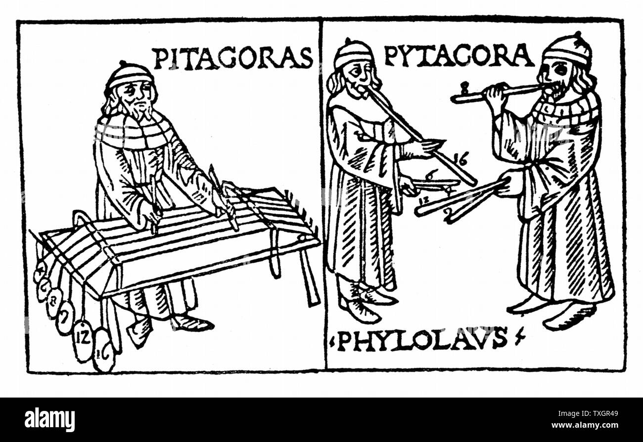 Pythagoras (c560-c480 BC) Greek philosopher and scientist. Recognised mathematical relationship between length of vibrating string, column of air, or size of percussion instrument, and notes of musical scale.  Music belonged to science of sound and became part of study of the cosmos. From 'Theoricum opus musicae disciplinae', 1480. Woodcut Stock Photo