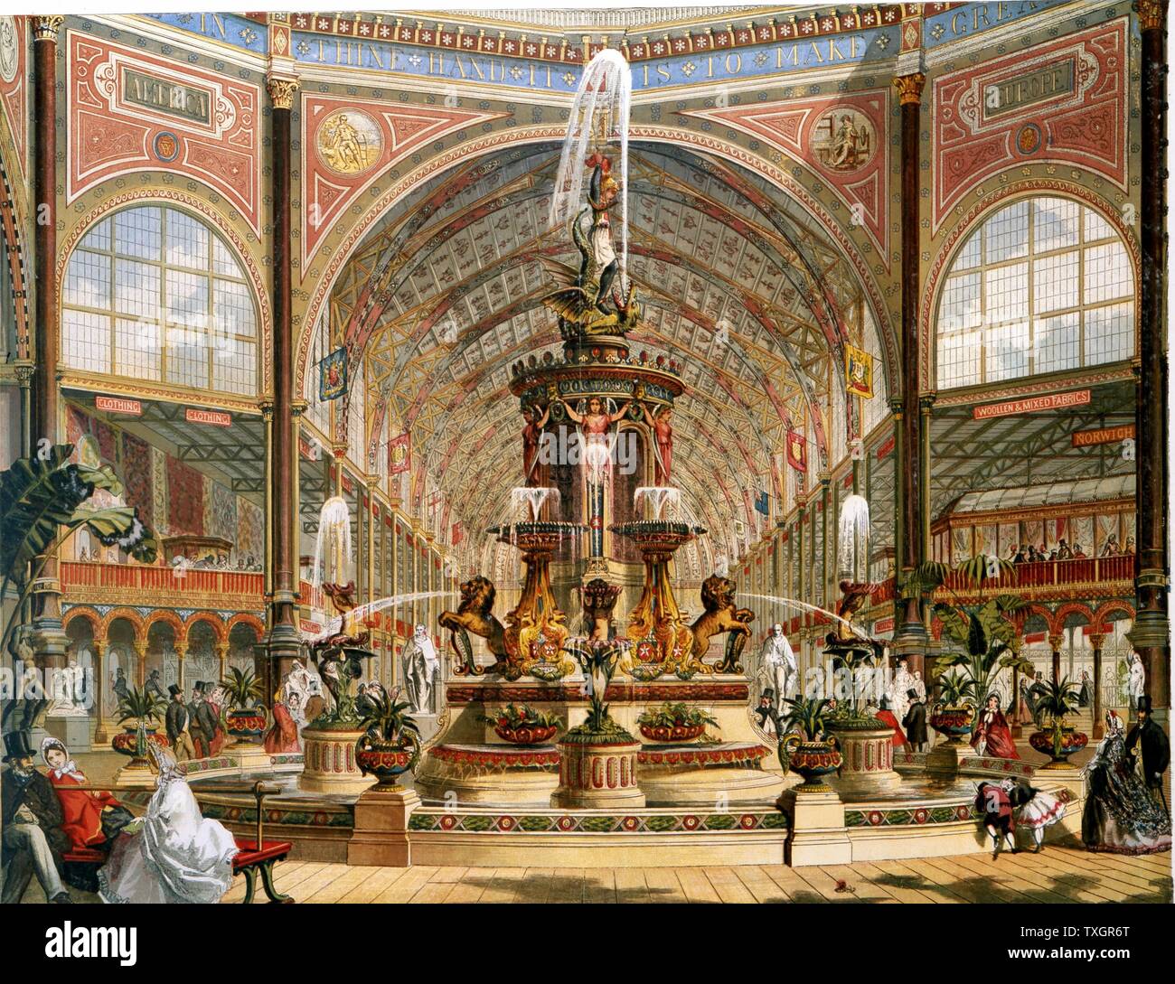 Interior of the Crystal Palace during the International Exhibition of 1862 Majolica fountain by Minton.  Chromolithograph Stock Photo