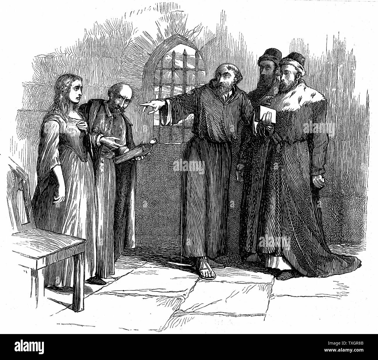 Persecution of Waldenses (Valdenses:Vaudois:Valdesi) by Roman Catholic church. Lucrezia Castellani accused of heresy before Inquisitors at Turin after taking part in a banned Waldenses service. Condemned and burnt at the stake: c1476.  19th century  Engraving Stock Photo