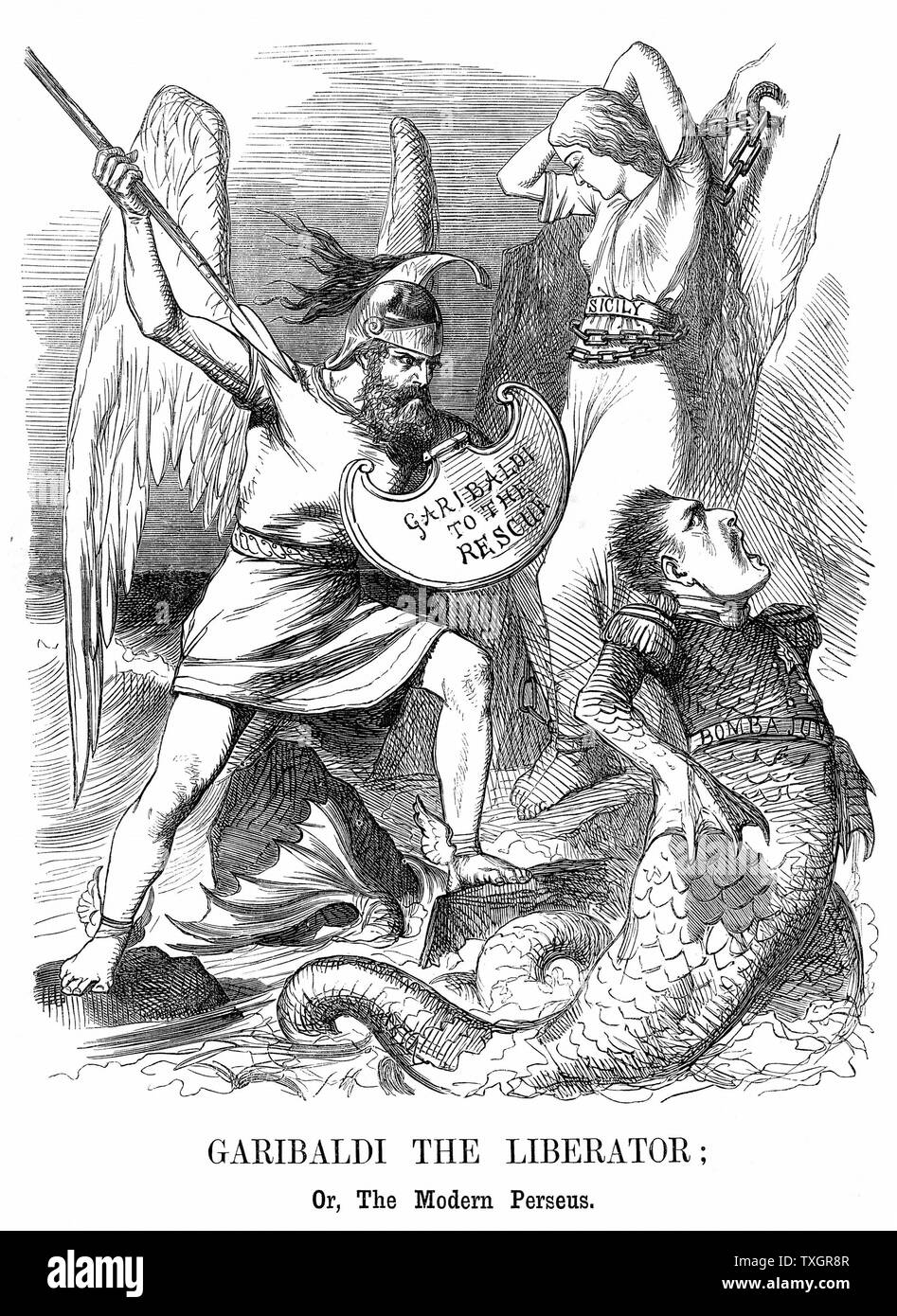 Unification of Italy: Giuseppe Garibaldi (1807-82), Italian Patriot, conquering Sicily and Naples on behalf of the new kingdom of Italy John Tenniel cartoon from 'Punch' 16 June 1860 Wood engraving   London Stock Photo