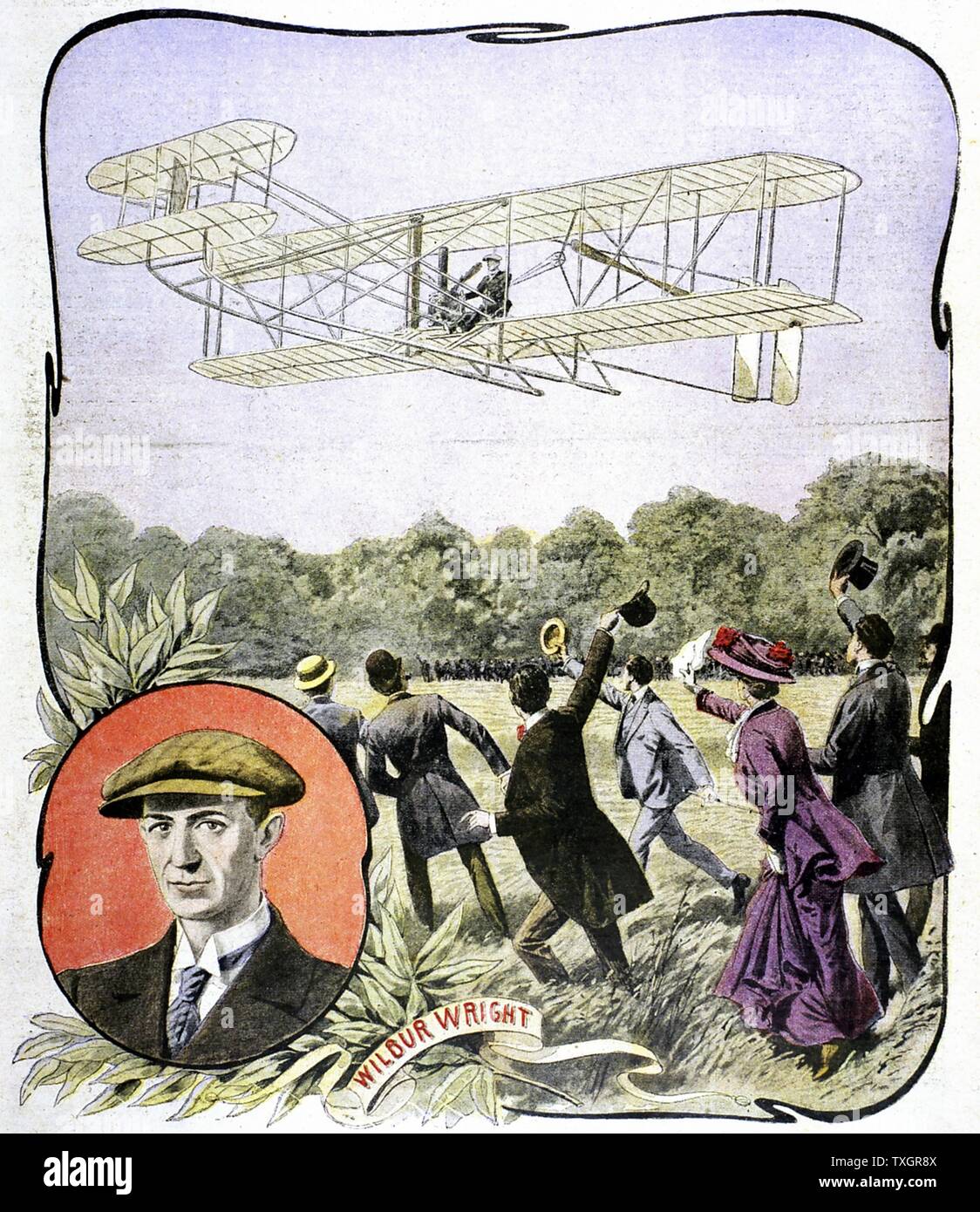 Wilbur Wright's (American aviator) first flight in Europe, at the Hunaudieres racetrack near Le Mans, France in the Wright Brothers' 'Flyer', August 1908 Illustration from 'Le Petit Journal' Paris, August 30, 1908 Stock Photo