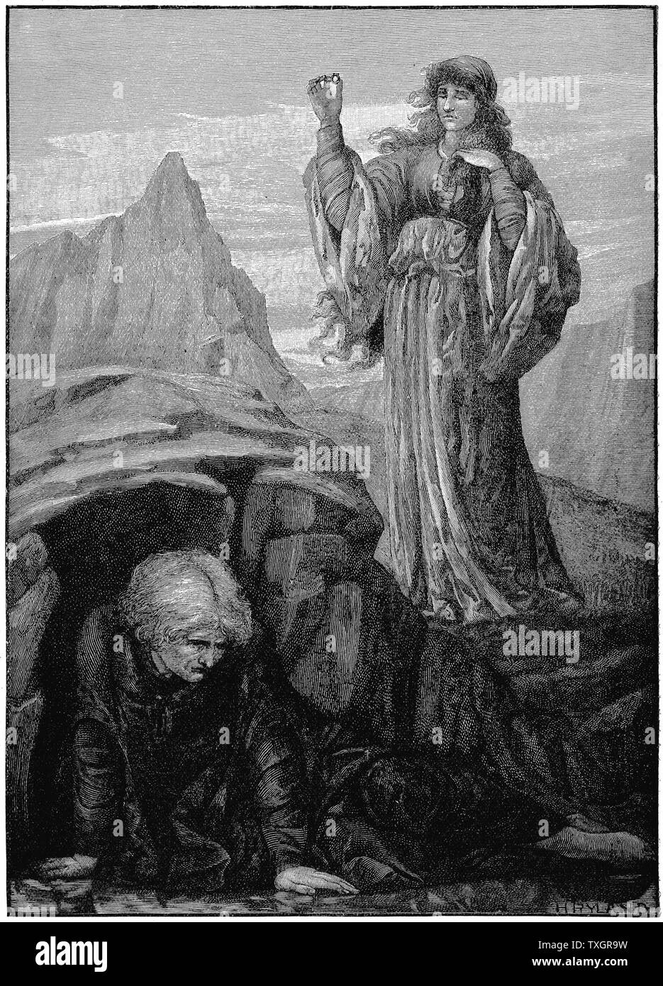 Thomas Malory (d.1471) Morte d'Arthur. Morgan le Fay casts spell on Merlin.  Engraving after Henry Ryland (1856-1924) English painter and illustrator Stock Photo