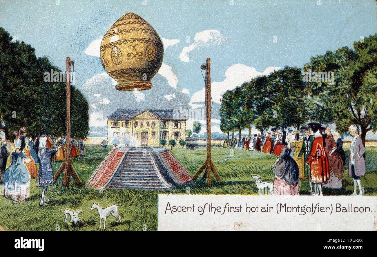 First ascent of Montgolfier hot air balloon, 21 November 1783 c.1910 From chromolithgotraph postcard Stock Photo - Alamy