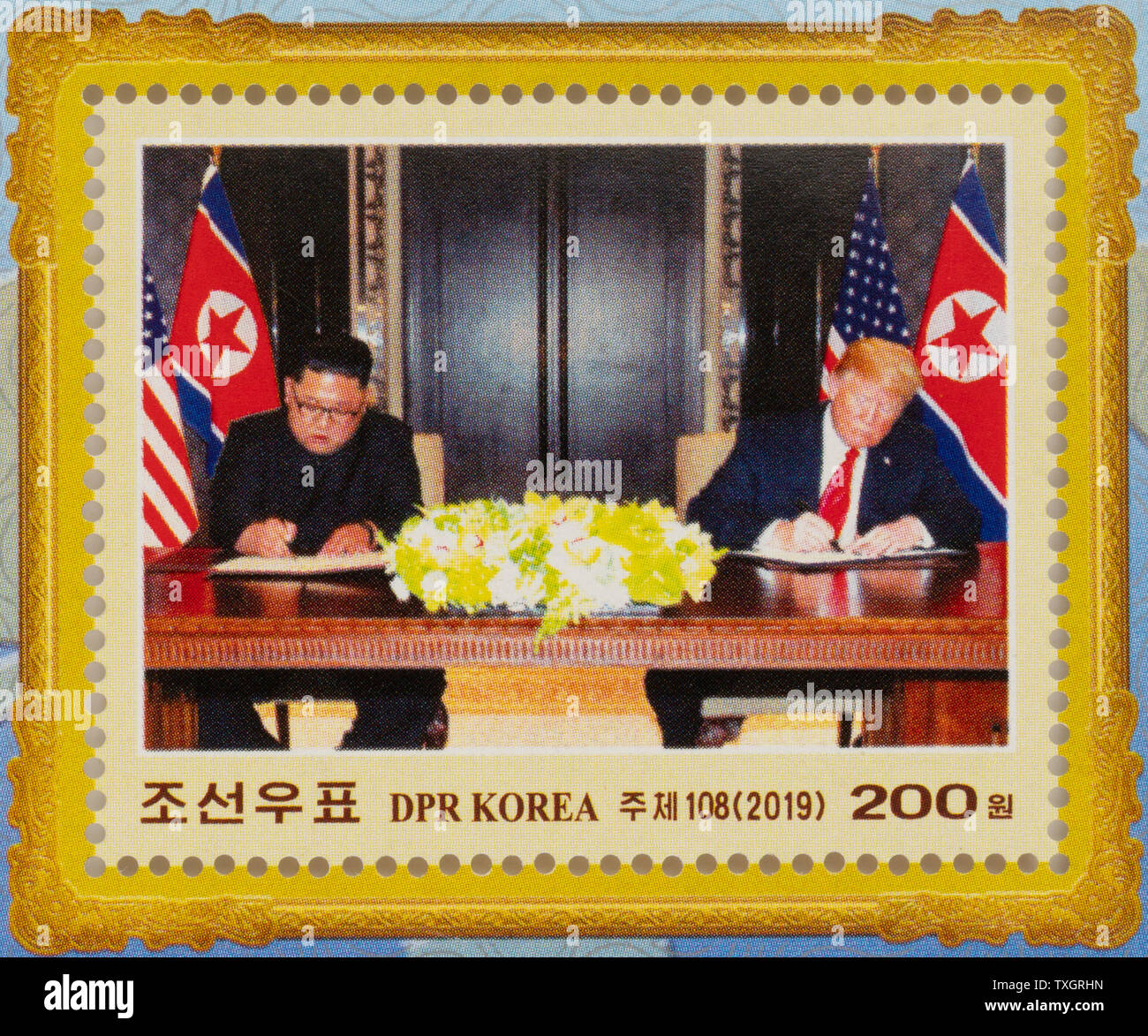 North Korea stamp celebrating the 2018 Singapore summit meeting between Donald J. Trump and Kim Jong-un with picture of the signature Stock Photo