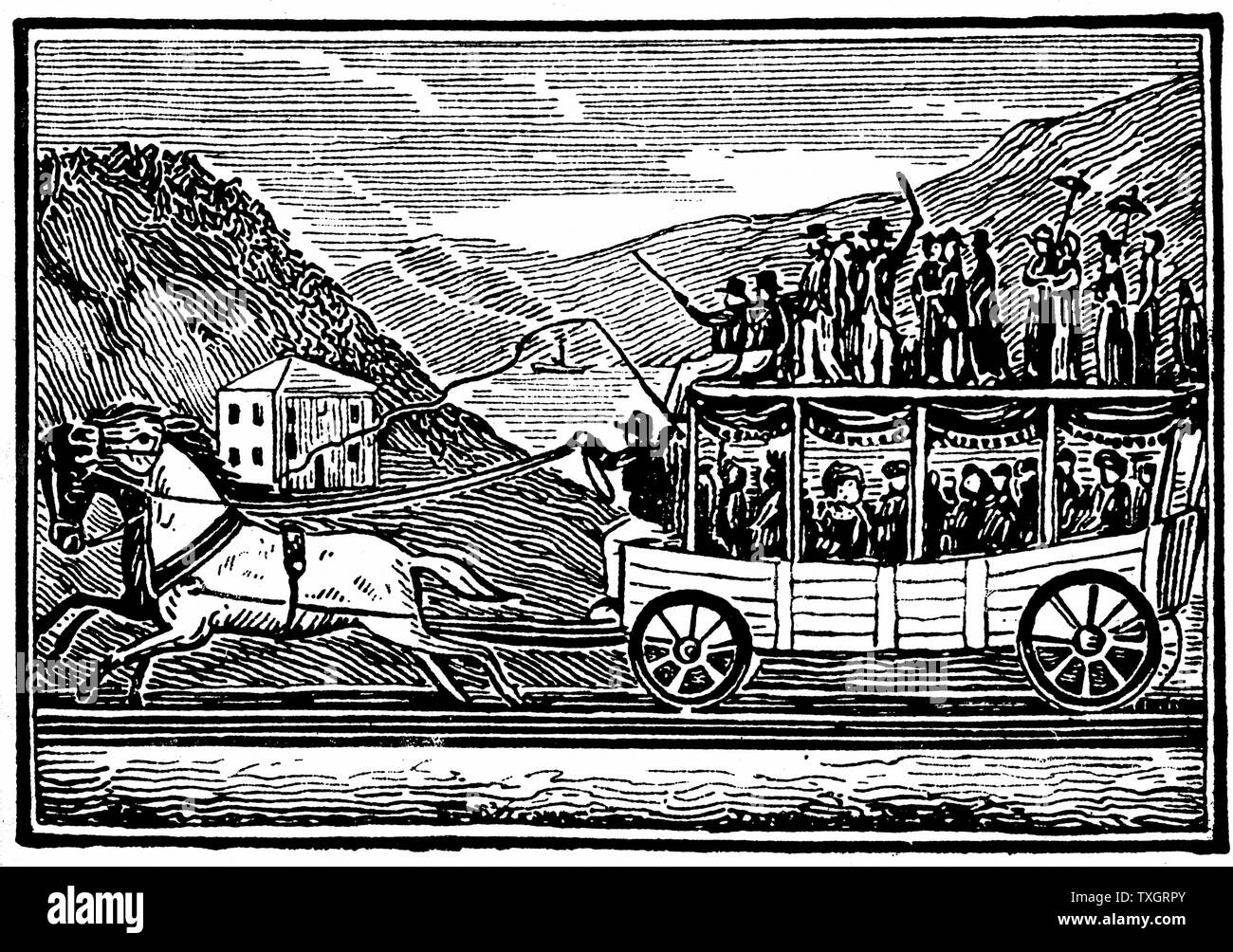 Horse-drawn carriage on the Baltimore and Ohio Railroad  1830-35 Woodcut Stock Photo