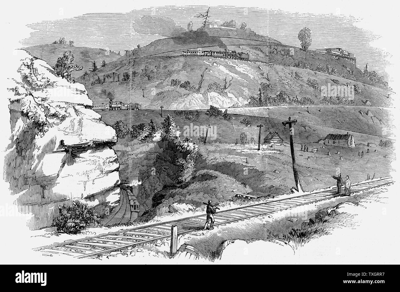 Baltimore and Ohio Railroad: Ladder of inclines over Boardtree Hill which allowed two carriages at a time from a full train to be shunted up an over the hill. This system operated until the Kingwood Tunnel was driven through the Alleghany Mountains.  1861 wood engraving From 'The Illustrated London News' Stock Photo
