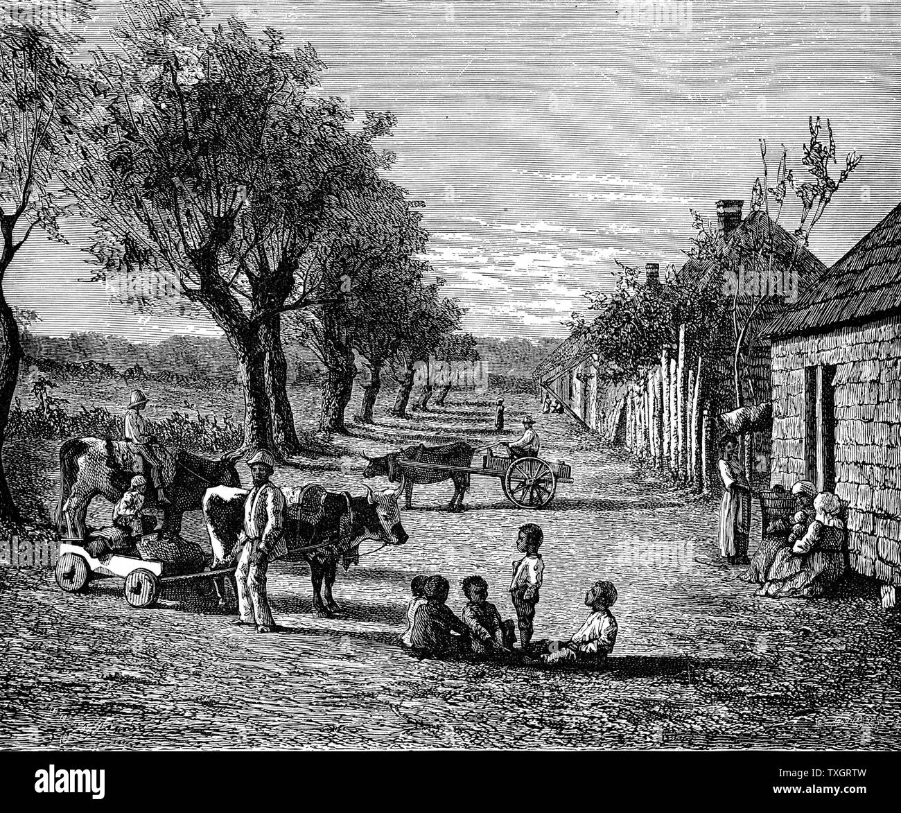 Slave quarters on a plantation in Georgia c1860 Wood engraving USA Stock Photo