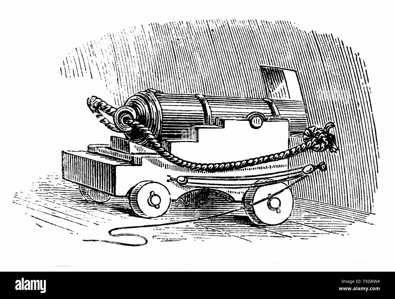 Ship cannon on gun carriage, showing gun-tackle, blocks and pulleys fixed to sides of gun-carriage and to side of ship, by means of which gun is run up to, or drawn back from porthole 1884 Wood engraving Stock Photo