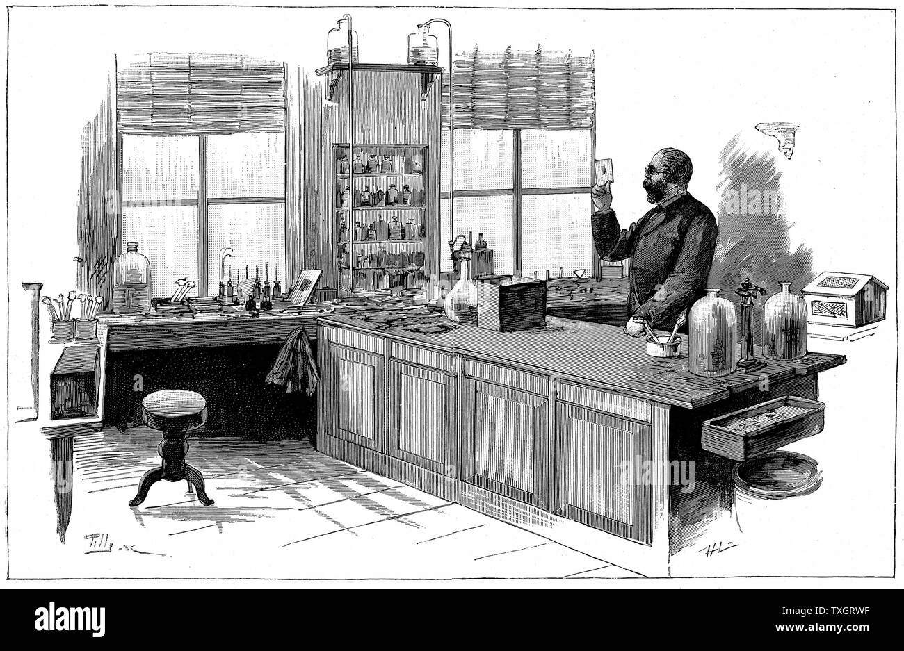 Robert Koch  (1843-1910) German bacteriologist and physician in his laboratory.  In 1890 Koch introduced Tuberculin which he thought a cure for Tuberculosis. Curative powers disappointing and its value as diagnostic tool overlooked.  1891 Engraving Stock Photo