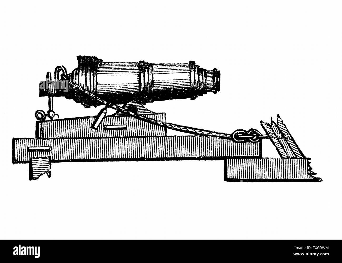 Carronade, short piece of naval ordnance with large calibre chamber, like a mortar. Name said to come from Carron Ironworks 1850 Wood engraving Scotland Stock Photo