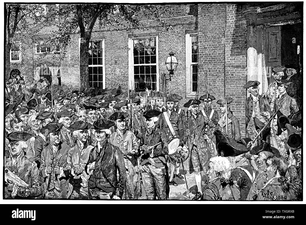 First Public Reading of the Declaration of Independence.  Passed by Congress in Philadelphia, 2 July, 1776, adopted on 4 July.  Engraving from 'Harper's Weekly', 1880. Engraving Stock Photo