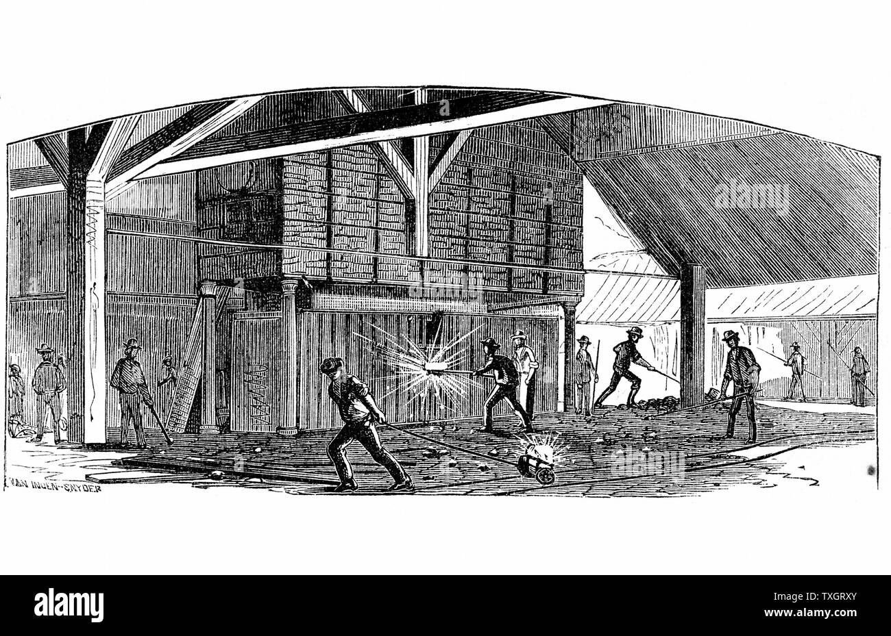 Wrought Iron: Carrying balls of iron from furnace to the squeezer at Phoenix Iron and Bridge Works, Phoenixville, Pennsylvania 1873 From'The Science Record' Engraving New York Stock Photo