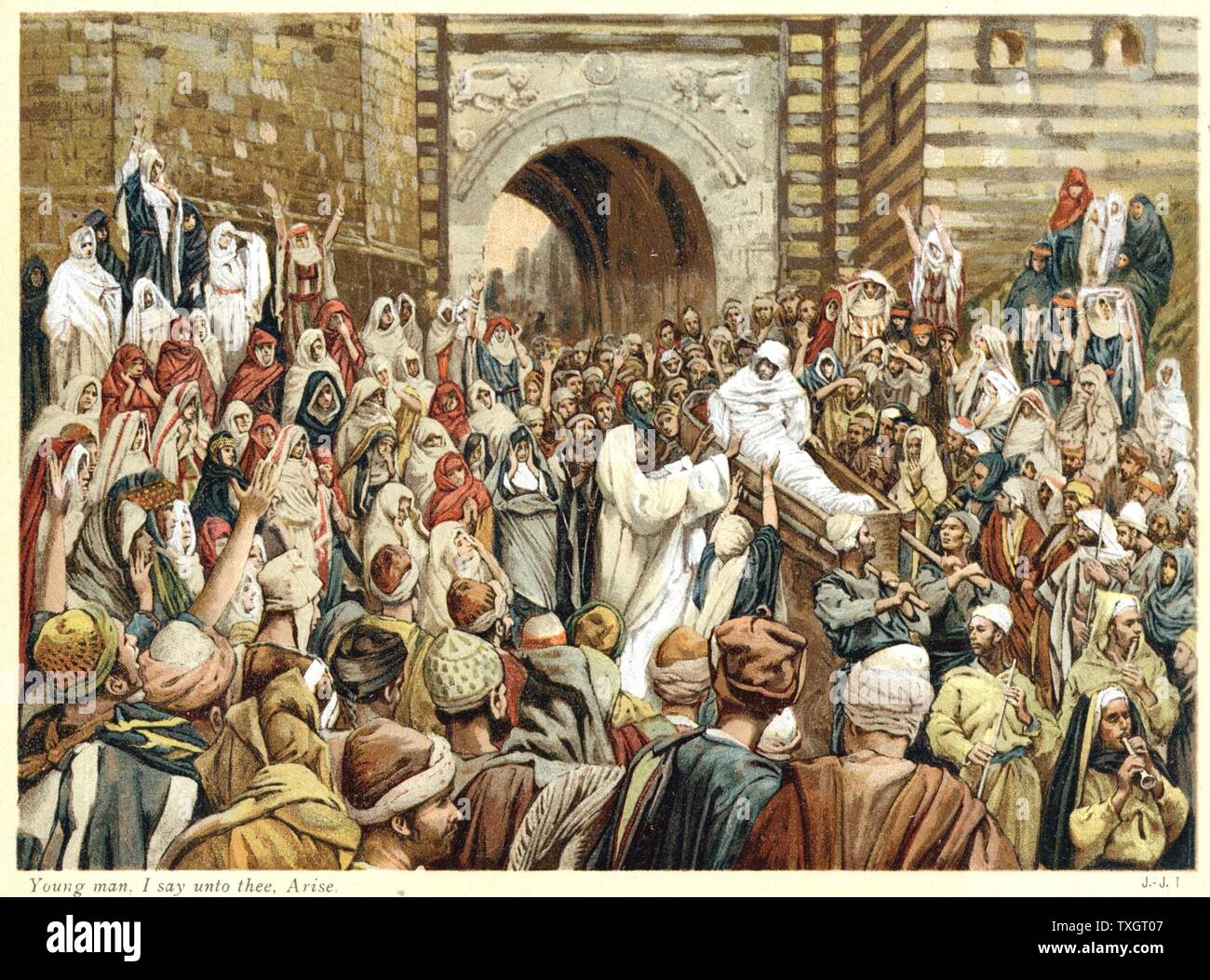 Jesus raising the widow's son at Nain. 'Young Man, I say unto thee, Arise.'  Bible, New Testament, St Luke Ch. 7. Name of young man said to be Quadratus.   c.1890.  From J.J. Tissot 'The Life ouf our Saviour Jesus Christ'  Oleograph. Colour Stock Photo
