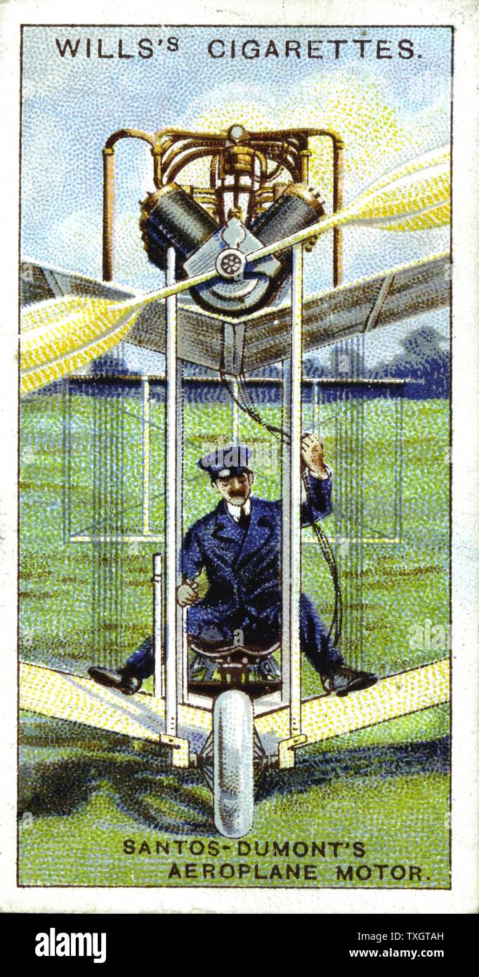 Alberto Santos-Dumont (1873-1932) Brazilian aeronaut in his aeroplane of 1906, the machine in which he made first recorded flight in Europe (22 August 1906). Fitted with Antoinette engine  1915 Chromolithograph card Stock Photo