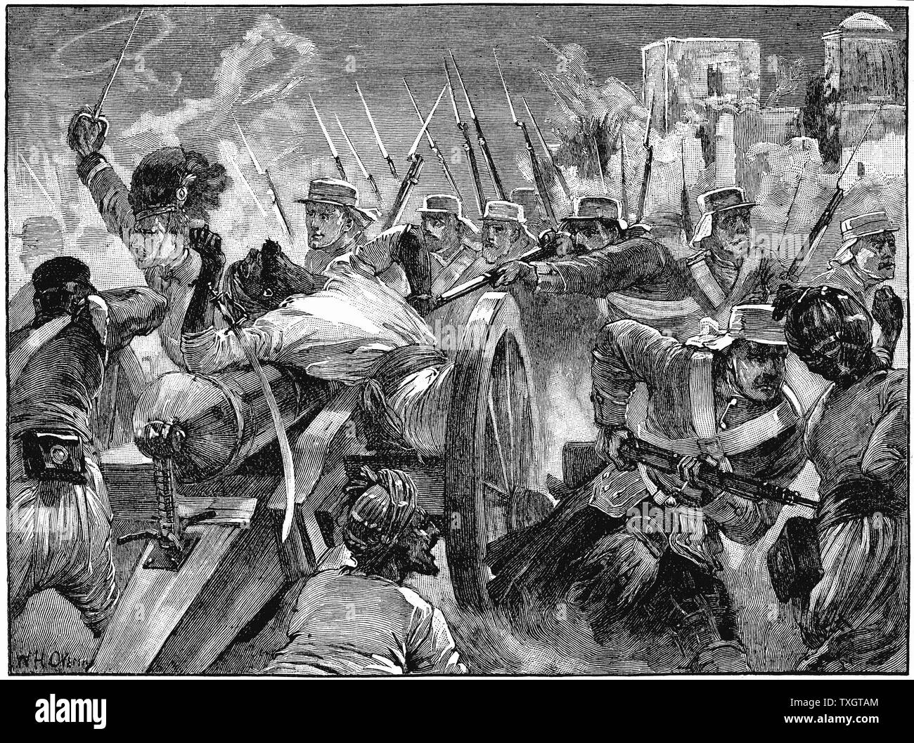 Indian Mutiny (Sepoy Mutiny) 1857-59 Highlanders capturing the muntineers' guns at Cawnpore, 16 July 1857 c.1895  Wood engraving Stock Photo