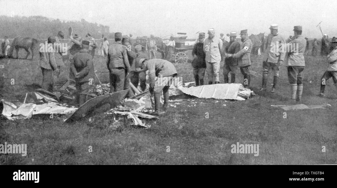 French Air ace Adolphe Pegoud. Wreckage of plane in which Pegoud was killed in action, 1915 Stock Photo