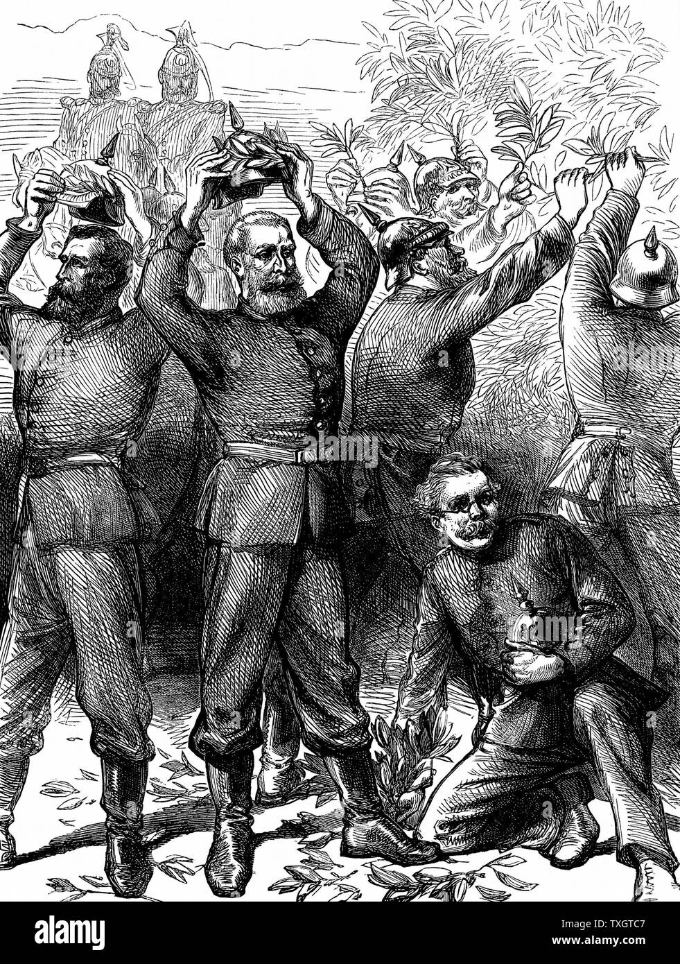 Franco-Prussian War 1870-1871: German troops in Paris crowning themselves with laurels in the Tuileries gardens, March 1871 c1880 Wood engraving Stock Photo