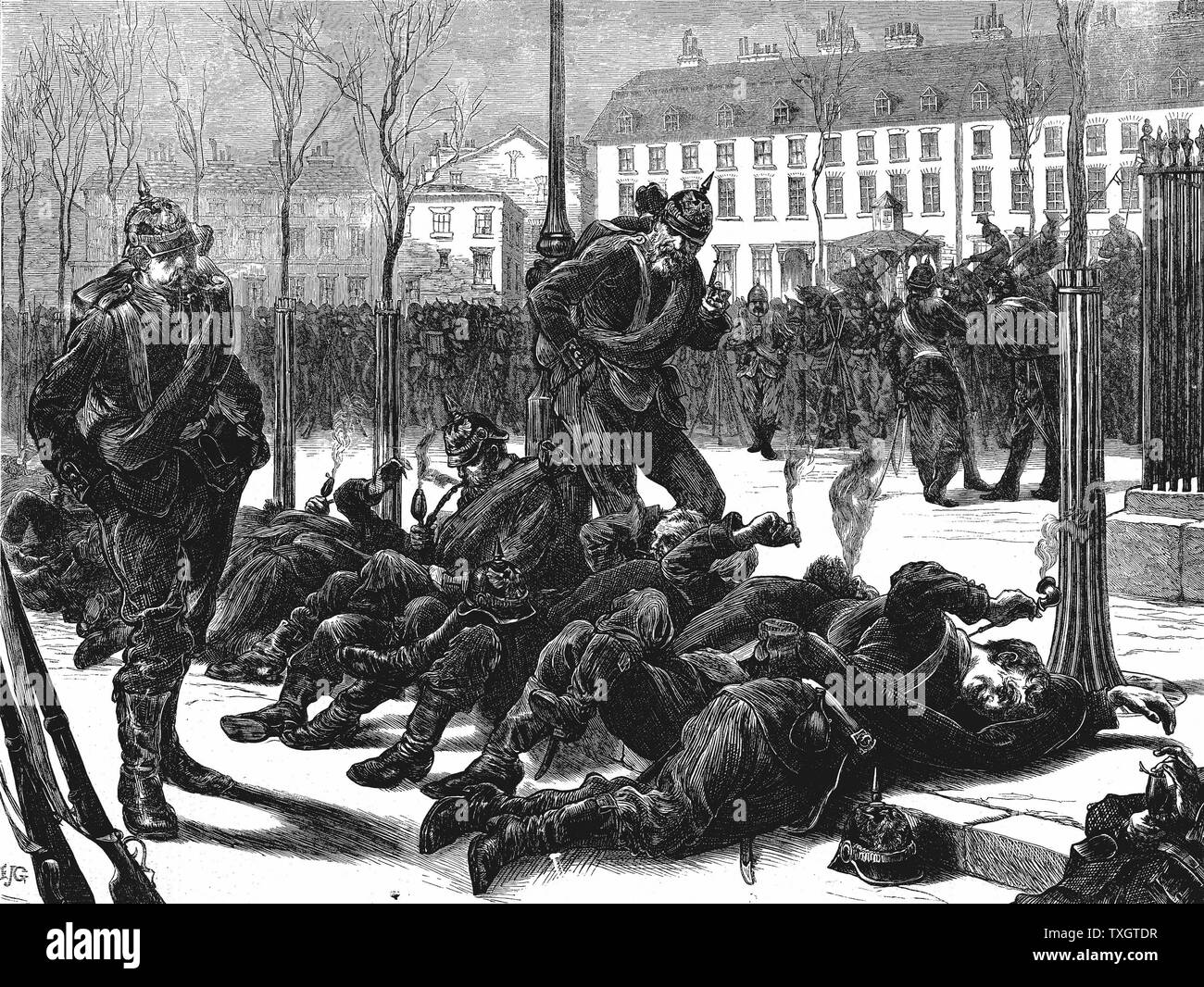 Franco-Prussian War 1870-1871: Occupation of Paris by German troops. Germans in Paris waiting for a passage home.  18 March 1871 Wood engraving London Stock Photo