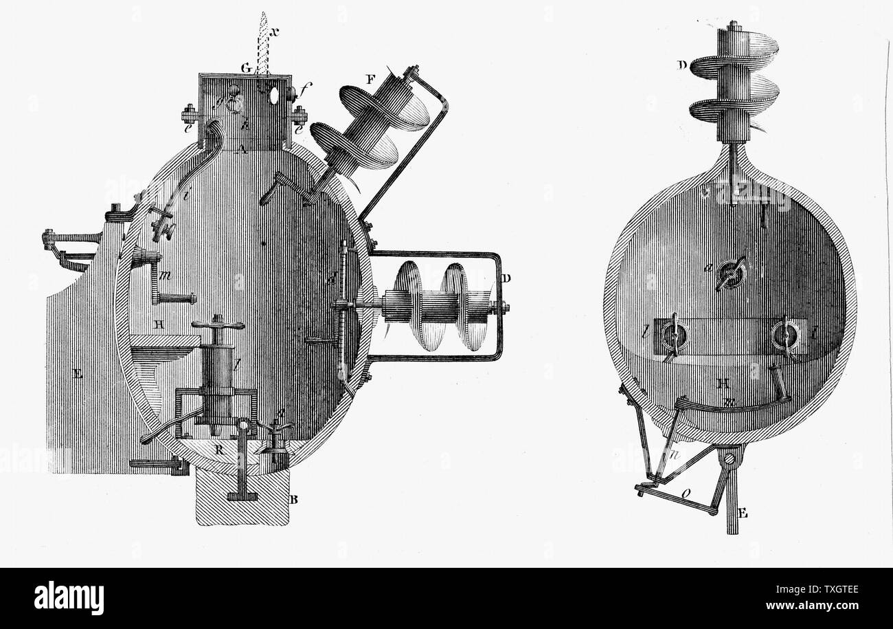 Turtle' (1787), submarine by David Bushnell (1742-1824). Operator turned handle to work propeller. Air in vessel sufficient for it to remain submerged 30 minutes. During American War of Independence, several unsuccessful attempts made to use 'Turtle', armed with single mine, to blow up British warships.   c.1810  Engraving Stock Photo