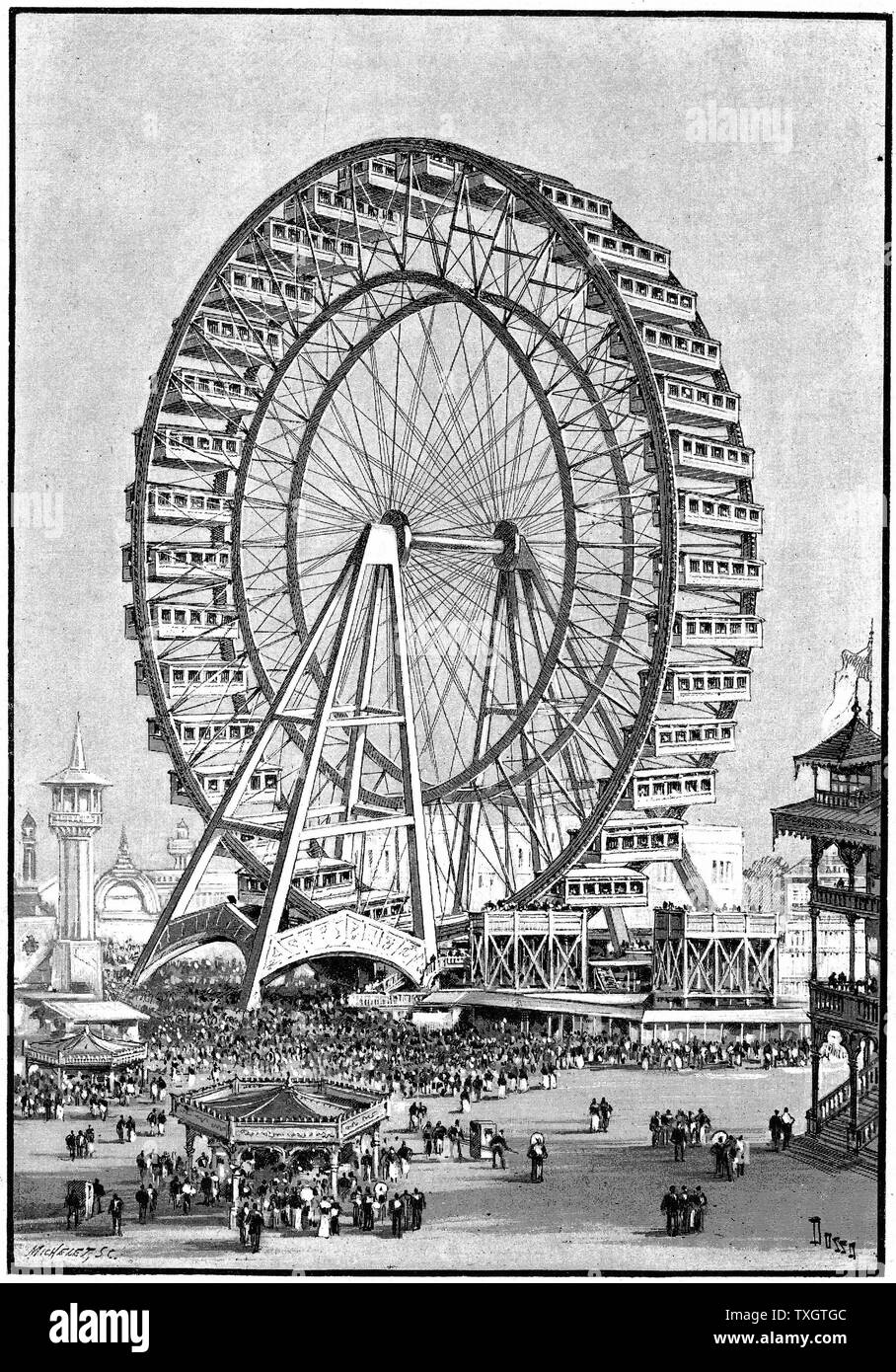 International Exhibition, Chicago, USA, 1893.  The giant Ferris wheel 1893 Illustration Stock Photo