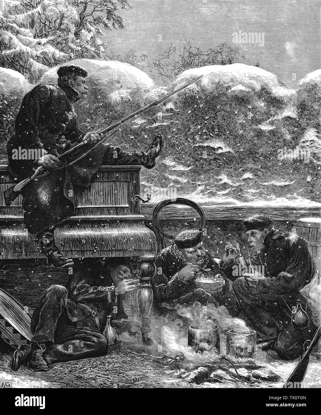 Franco-Prussian War 1870-1871: Prussian troops before Paris waiting for the sortie. One rifleman, bayonet fixed, keeps watch while his companions enjoy a meal and a smoke 17 December 1870   Wood engraving Stock Photo