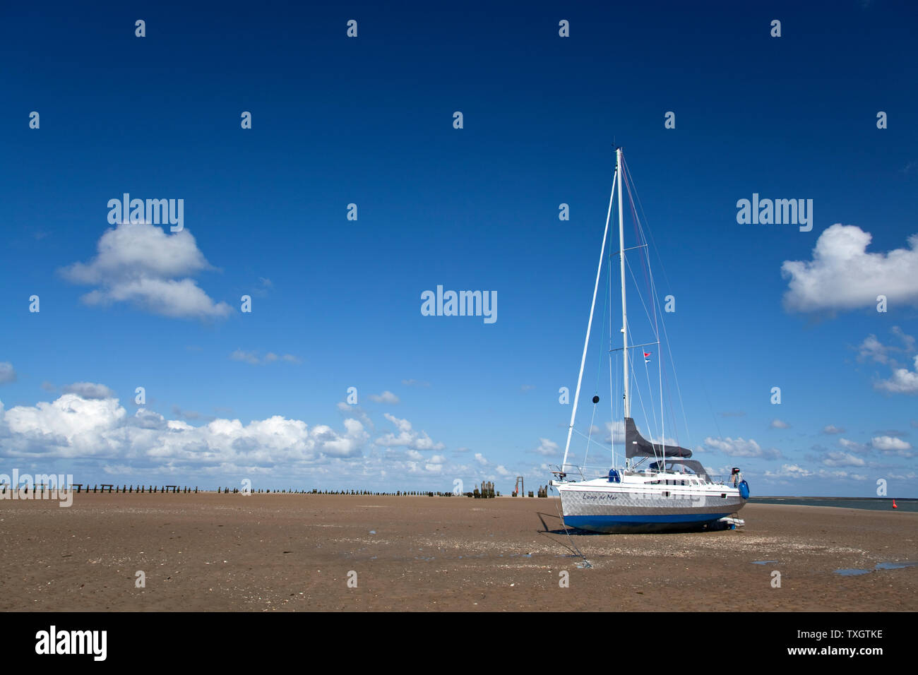 geography / travel, Germany, Lower Saxony, sailboat on the beach, Wangerooge Isle, East pier, East Fri, Additional-Rights-Clearance-Info-Not-Available Stock Photo