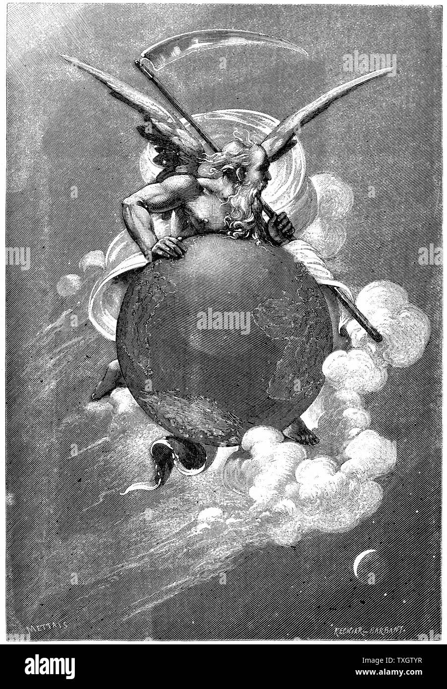 Old Father Time. Carried by Time, Earth travels through space, continually turning on its axis.  1881 Wood engraving Paris Stock Photo
