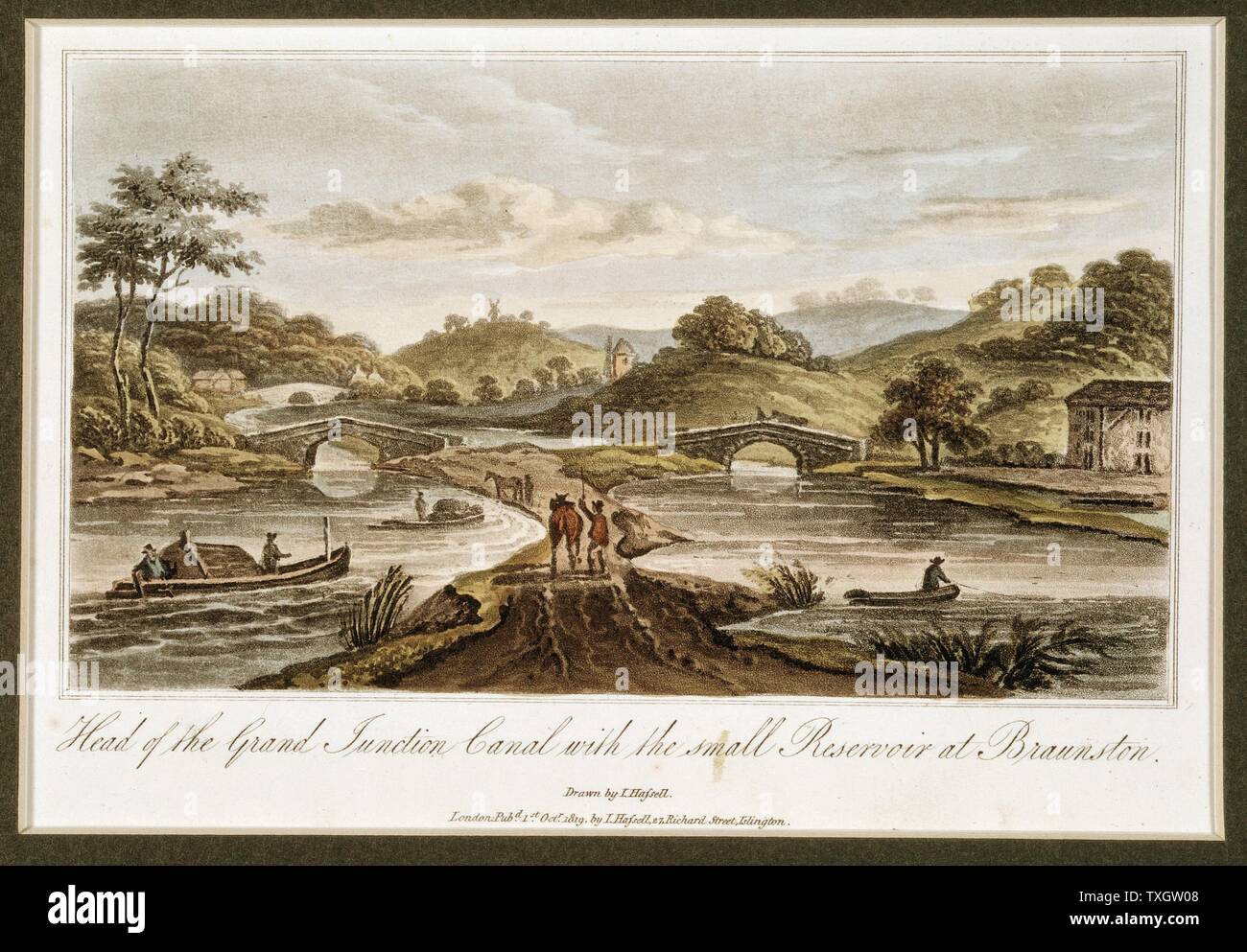Grand Junction Canal: Head of canal at Braunston, Northamptonshire, showing small reservoir. Part of network linking London with Midlands manufacturing towns, and with Liverpool. Chief engineer: William Jessop, Resident engineer: James Barnes 1819 From J.Hassell 'Tour of the Grand Junction Canal' Aquatint London Stock Photo