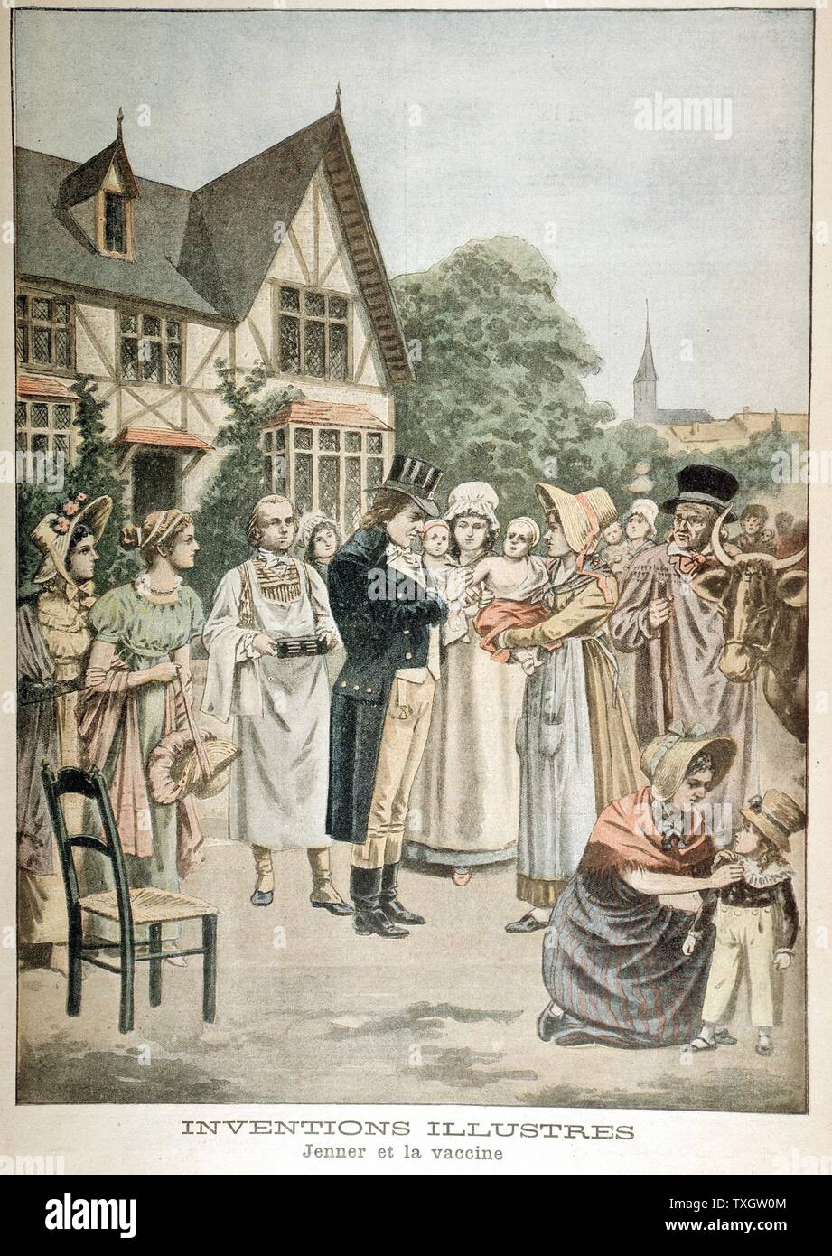 Edward Jenner (1749-1823) English physician, vaccinating a child against Smallpox using Cowpox serum 1901 Artist's impression from 'Le Petit Journal' Paris Stock Photo