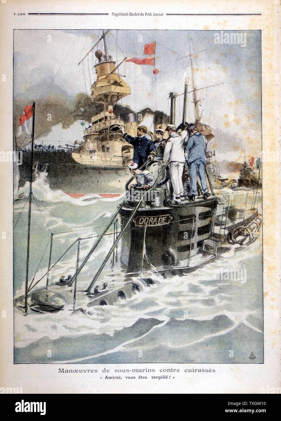 French naval exercises: Submarine Dorade surfacing to tell ironclad that she has been 'sunk'.  1908 Illustration from 'Le Petit Journal' Paris Stock Photo