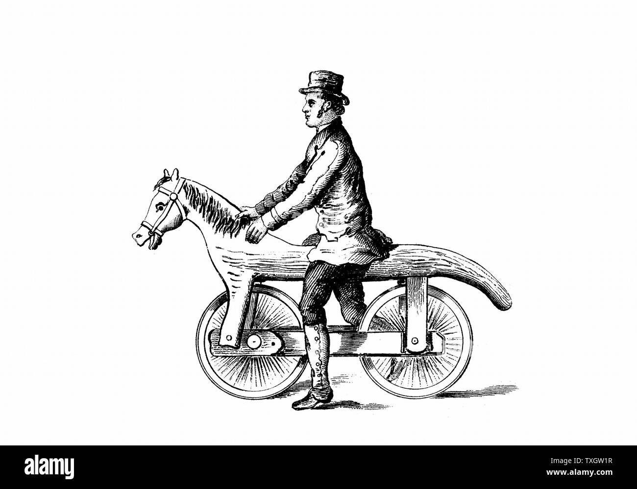 Primitive bicycle, a form of  Dandy-Horse Wood engraving Stock Photo
