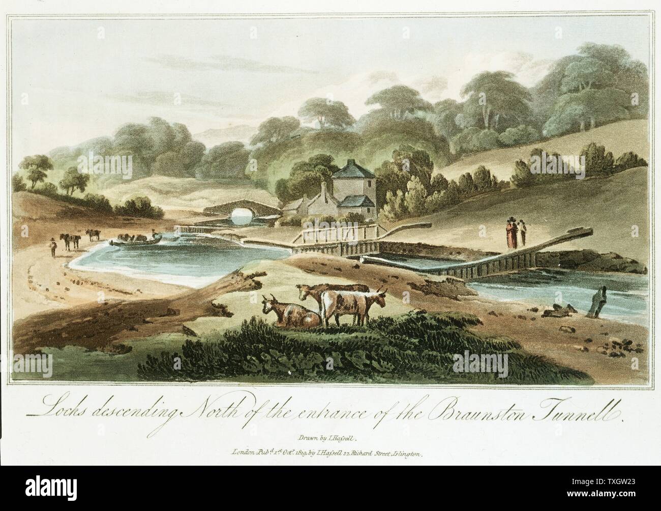 Grand Junction Canal. Pound locks descending to north entrance of the Braunston tunnel, Northampstonshire. Chief engineer, William Jessop: Resident engineer, James Barnes. Part of network linking London with Midlands manufacturing towns, and with Liverpool 1819. From J Hassel 'Tour of the Grand Junction Canal' Aquatint London Stock Photo