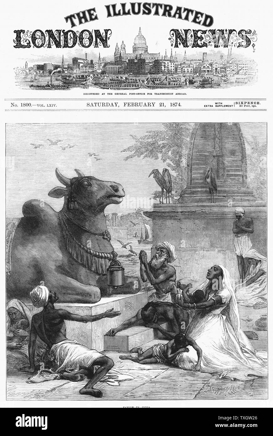 Famine in Bengal, India. Praying to Nandi for relief. Nandi, devotee of Shiva, took the form of a bull. Stone statue of a bull outside temple dedicated to Shiva. Engraving, Stock Photo