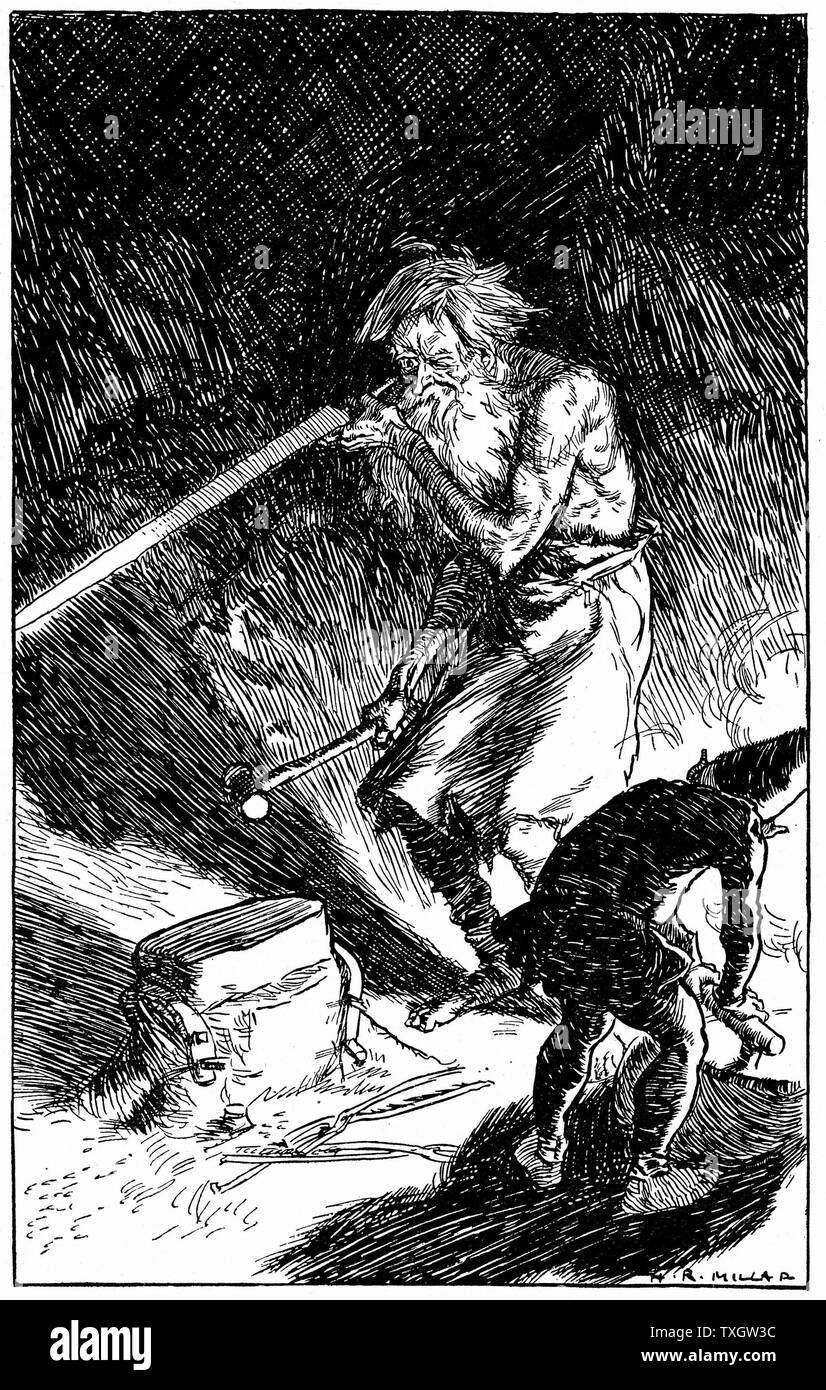 Puck helping Wayland, Smith of the Gods, to forge a sword for the novice who, by sincerely wishing him well, released him from the spell which bound him 1909 Engraving from 'Puck of Pook's Hill'  by Rudyard Kipling London Stock Photo