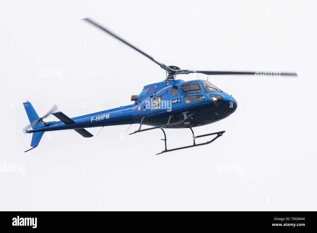 LIEGE / BELGIUM - JULY 2, 2017: HDF Aerospatiale AS-350 Ecureuil F-HHPM passenger helicopter landing at Liege Airport Stock Photo