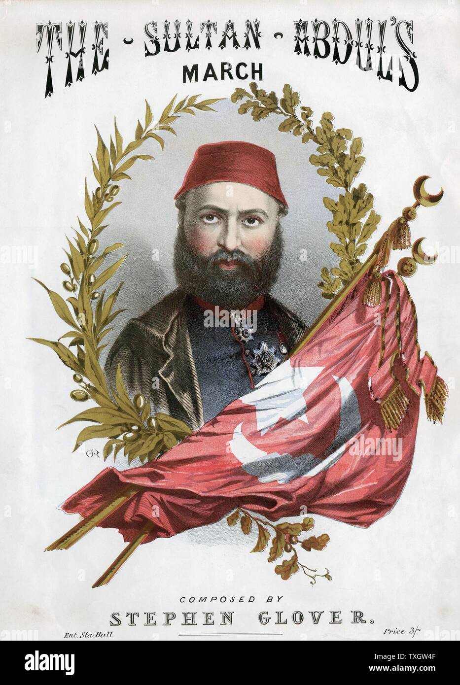 Abd-ul-Aziz (1830-1876), Sultan of Turkey from 1861 At first liberal and westernising, became autocratic. Forced to abdicate after risings in Bosnia, Bulgaria and Herzegovina.  Coloured lithograph from cover of sheet music published c1871 when he visited Europe Stock Photo