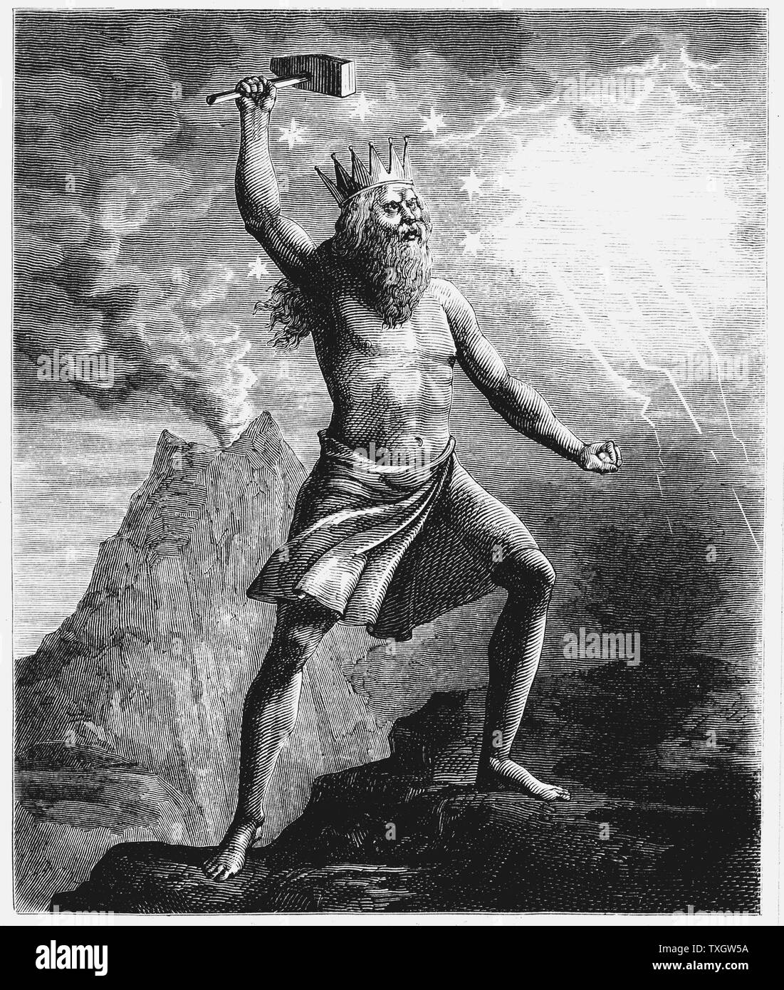 Thor, son of Woden or Odin. God of thunder in the Scandinavian pantheon, shown wielding his hammer, symbolising thunder and lightning, as he reconstructed the globe.  1874  Wood engraving Stock Photo