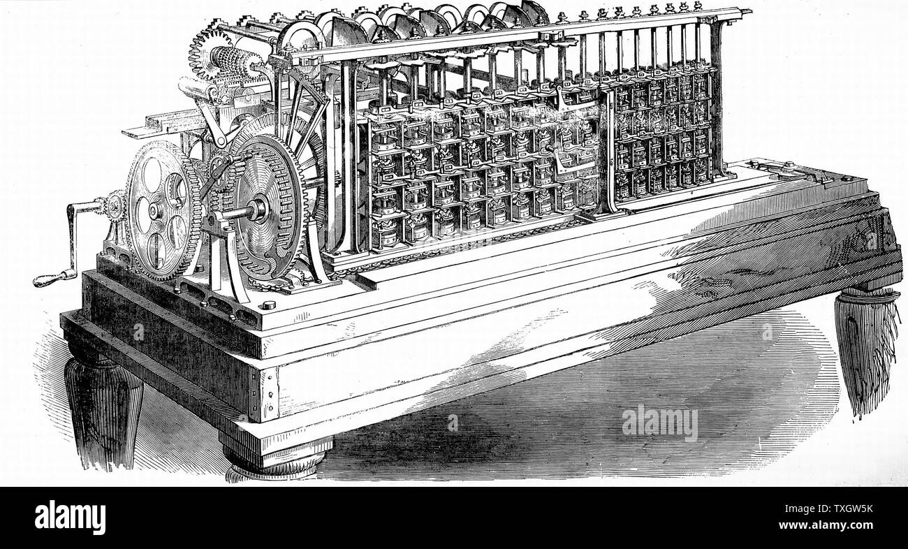 George and Edward Scheutz's calculating machine. Based on Babbage's 'difference engine', it was developed between 1837 and 1843. Purchased for Dudley Observatory, Albany, New York. Copy made by Donkins for calculating Life Tables at Somerset House 1855 Wood engraving London Stock Photo