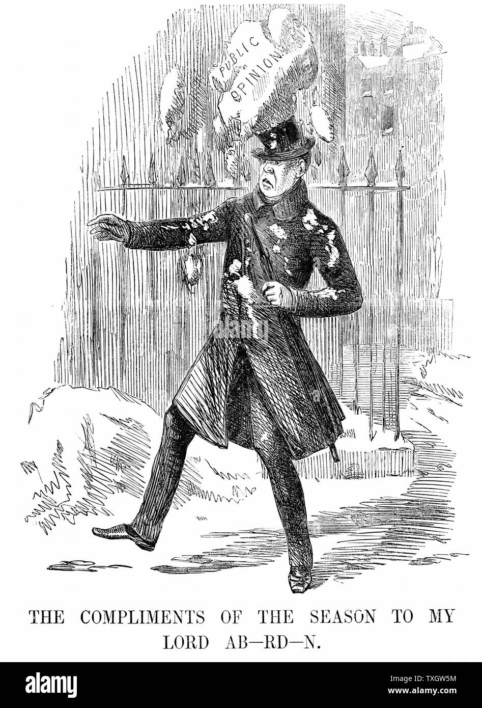 George Hamilton Gordon, 4th Earl of Aberdeen, Scottish statesman, British Prime Minister 1852-55. Cartoon from 'Punch' showing him by battered public opinion in the form of a huge snowball 14 January 1854   Wood engraving London Stock Photo