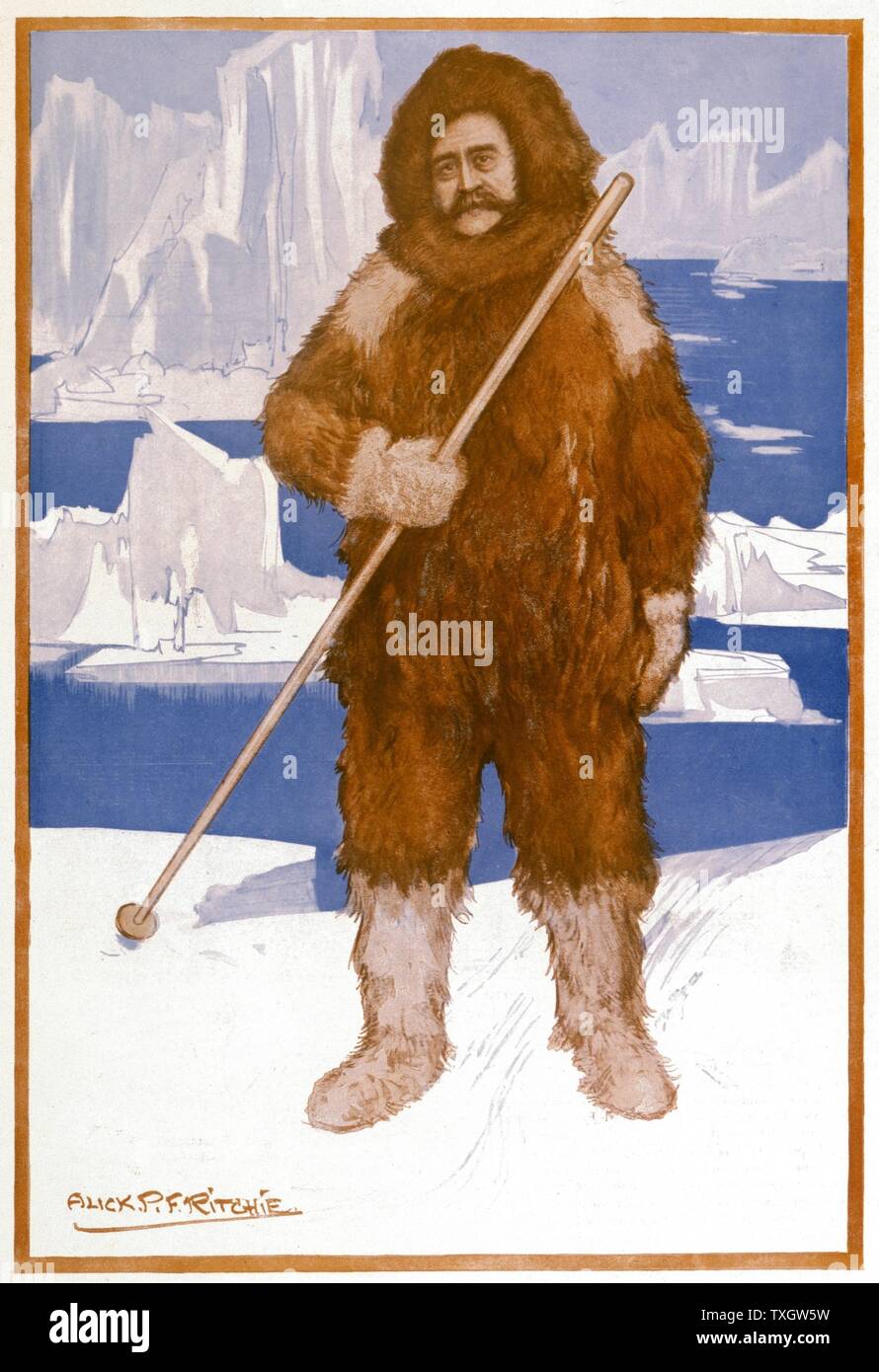 Robert Edwin Peary (1856-1920) American naval officer and explorer, generally credited with being leader of first successful expedition to the North Pole (1909). Cartoon  published London, 1909. Stock Photo