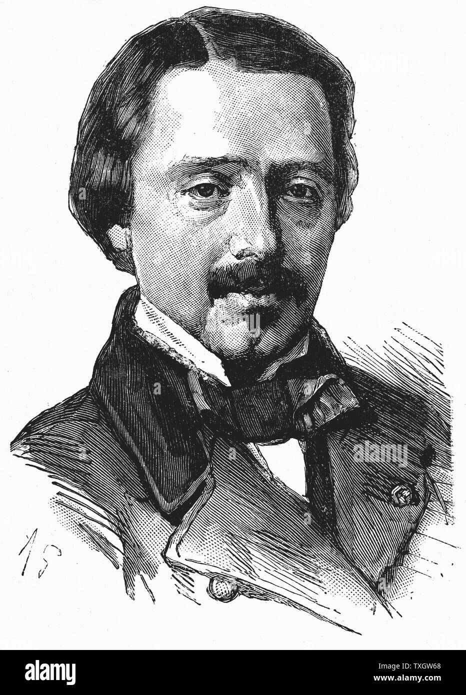 Jean Bernard Leon Foucault (1819-1860) French physicist. Measured velocity of light: Proved rotation of Earth on its axis with Foucault's pendulum, 1851. Invented Gyroscope (1857): Improved the reflecting telescope.  Wood engraving. Stock Photo