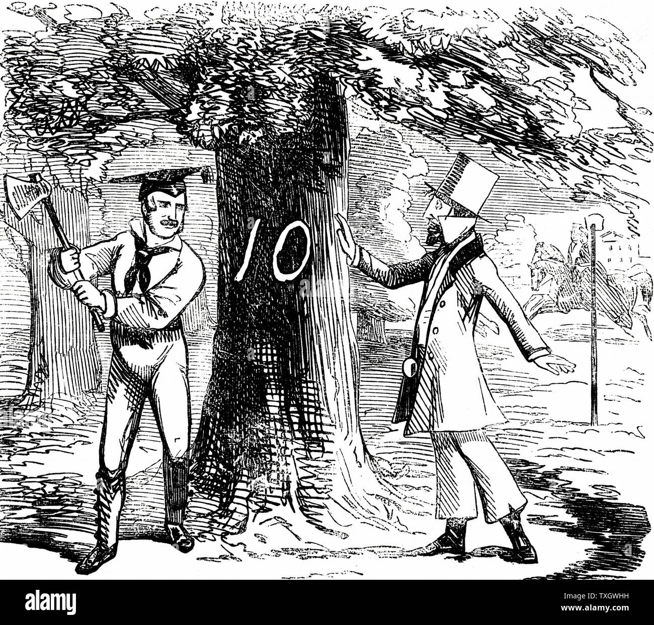 Albert (1819-1861) Consort of Queen Victoria from 1840 Albert being urged to think before felling trees in Hyde Park to make way for the Crystal Palace and the Great Exhibition of 1851 1850 From 'Punch' London Stock Photo