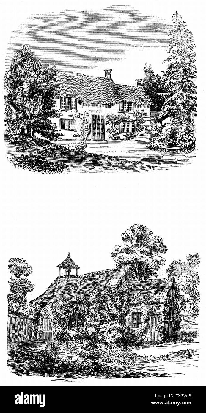 Joseph Addison (1672-1719) English essayist, poet, playwright and politician. Friend of Richard Steele and Jonathan Swift. Addison's birthplace at Milston near Amesbury, Wiltshire (top); Milston church where his father was rector at the time of his birth (bottom) 1844 Woodcut London Stock Photo