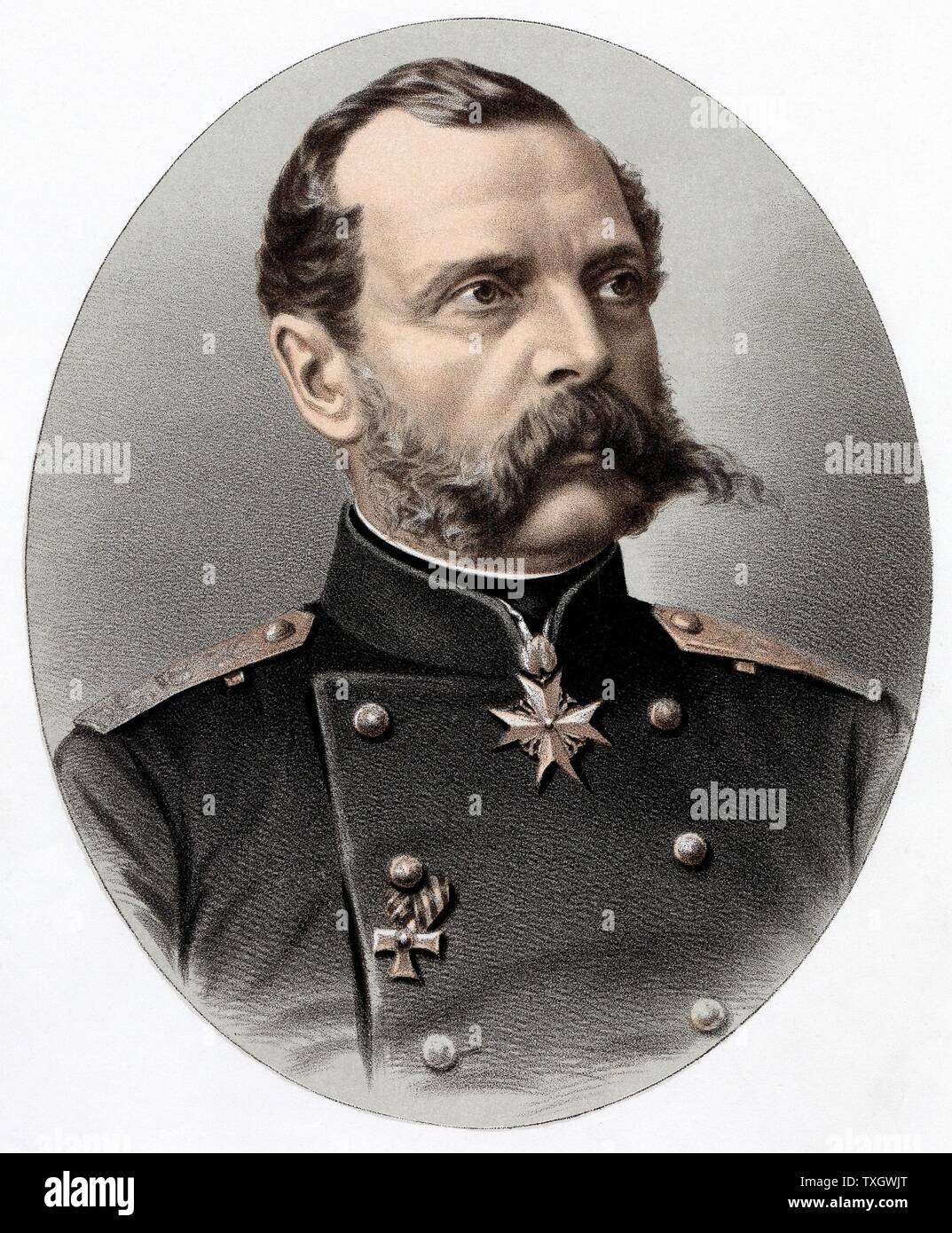 Alexander II (1818-1881) Tsar of Russia from 1855. Known as 'The Liberator'. Emancipated the serfs in 1861. Assassinated.   c1880 Tinted lithograph Stock Photo