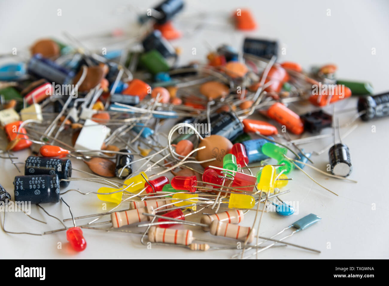 Mix of electronic components with LEDs Stock Photo