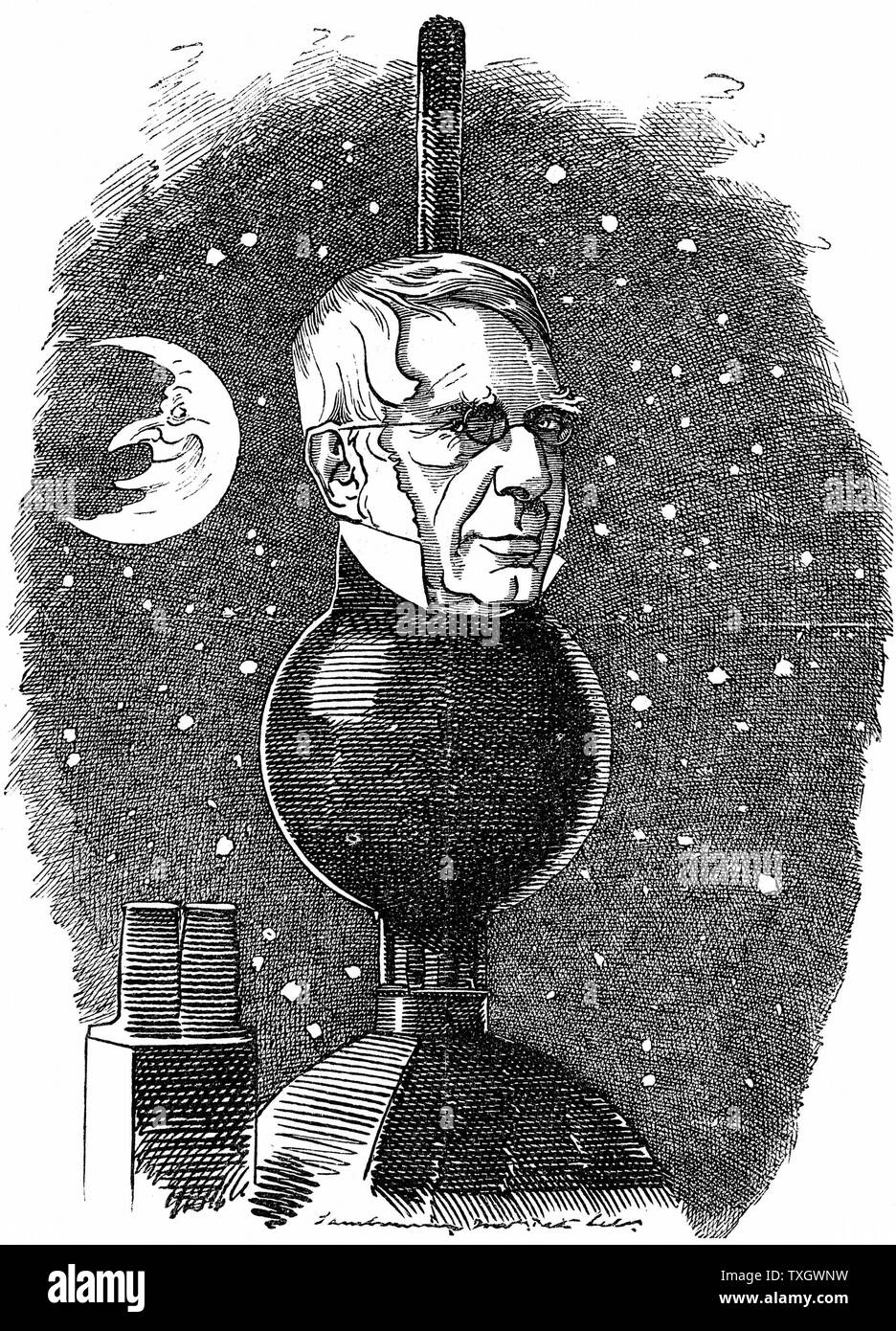George Biddell Airy (1801-92) English astronomer and geophysicist, Astronomer Royal (1835-1881) Richard Linley Sambourne cartoon in his 'Fancy Portraits' series from 'Punch' showing Airy on turret of Flamsteed House, Greenwich (Royal Greenwich Observatory), his body the time ball which was dropped every day for ships in Greenwich Reach to set their chronometers May 1883  London Stock Photo