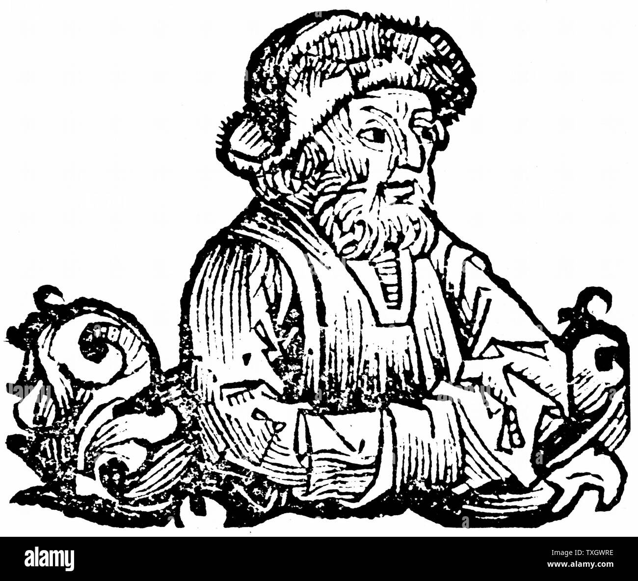 Anaximines (fl c500 BC) Ancient Greek philosopher With Thales and Anaximander, one of three great thinkers from Miletus.  Considered air basic form of matter 1493 Woodcut from Hartmann Schedel 'Liber chronicarum mundi' (Nuremberg Chronicle)  Nuremberg Stock Photo