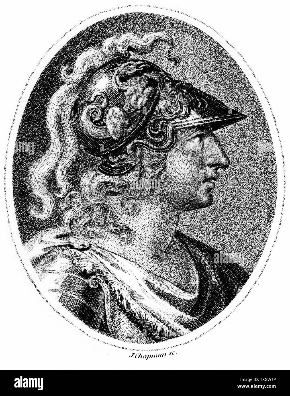 Alexander the Great (Alexander III of Macedon) 356-323 BC Romanticised portrayal of Alexander  in plumed helmet.  c1800 Stipple engraving London Stock Photo