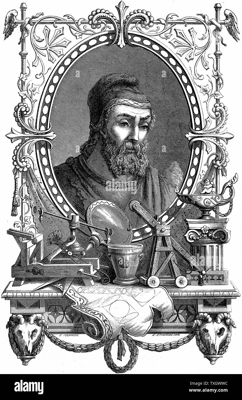 Archimedes (c287-212 BC) Ancient Greece mathematician and inventor Artist's impression of him surrounded by his discoveries and inventions 1866 Engraving  Paris Stock Photo