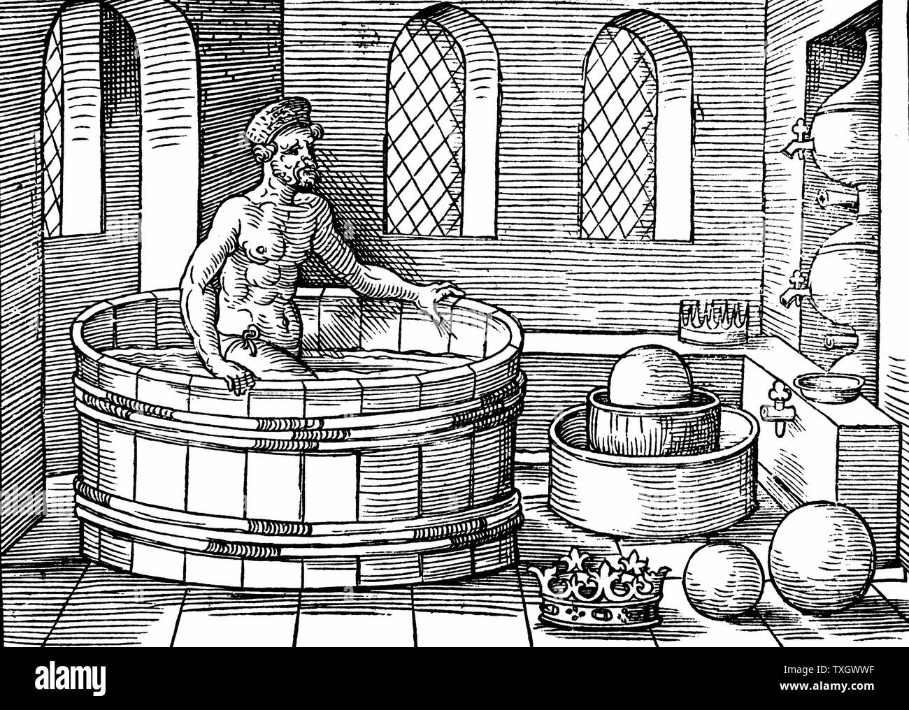 Archimedes (c287-212 BC) Ancient Greek mathematician and inventor in his bath. Discovered formulae for calculating areas and volumes of plane and solid figures.  Supposed to have shouted 'Eureka' on discovering principle of upthrust on a floating body.  1547 Woodcut Nuremberg Stock Photo